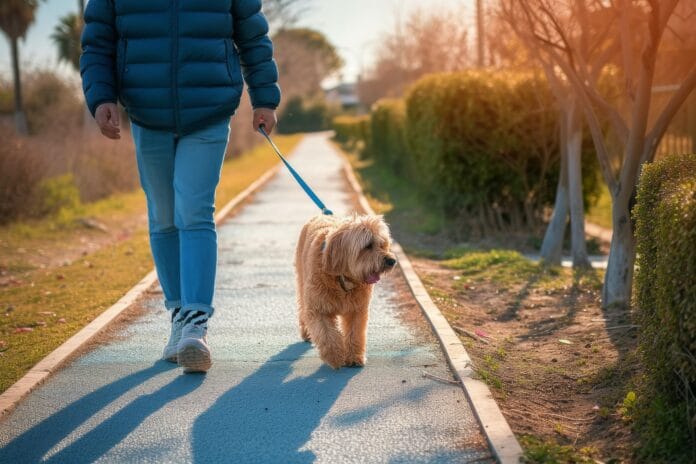 man-holding-dogs-leash-taking-him-walk-walkway-park-man-holding-dogs-leash