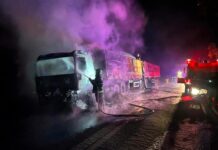 Incêndio destrói parte de carreta carregada com soja na BR-364