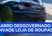Veja Vídeo – Carro desgovernado invade loja de roupas e quase atinge comerciante em SP; veja