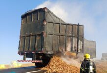 Bombeiros combatem incêndio em carreta carregada com cavaco de madeira na BR-163